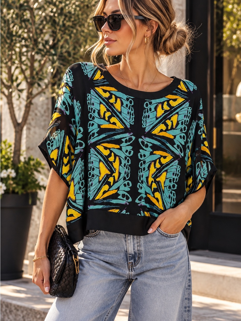 Forever 21 Black Short-Sleeve Top with Teal & Yellow Abstract Motif